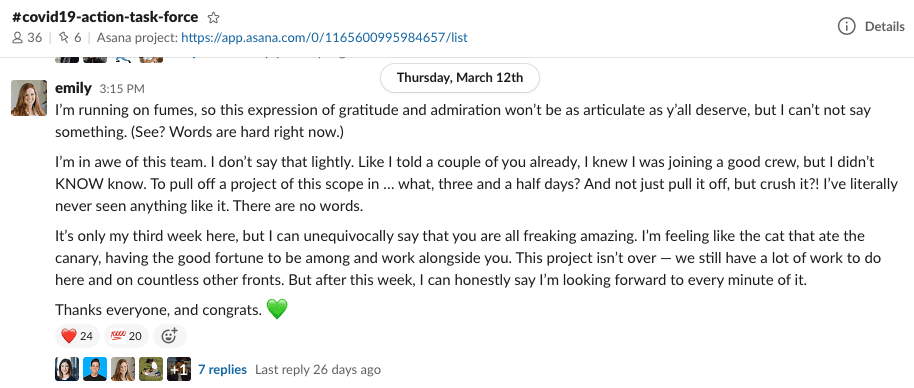 Screenshot of Slack channel for positive reaction to COVID response